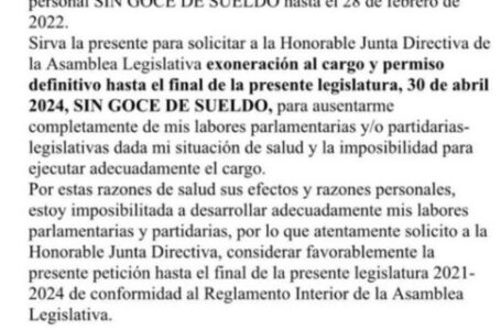 Margarita de Escobar no regresará a ser diputada en lo que resta de la legislatura
